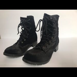 Black crush velvet combat boots